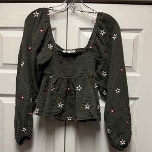 Altar'd State Dark Green Peplum Blouse with Floral Accents